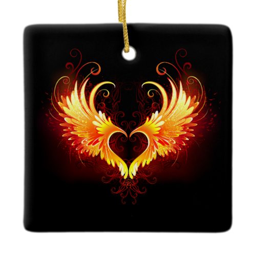 Angel Fire Heart with Wings Ceramic Ornament