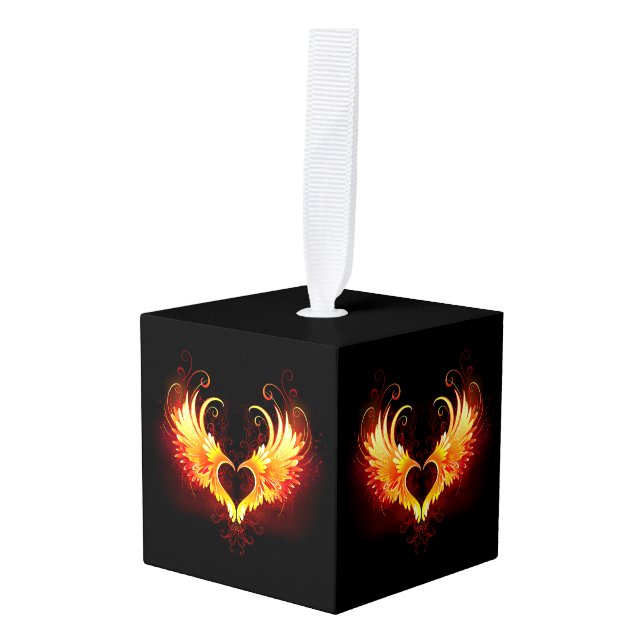 Angel Fire Heart with Wings Cube Ornament (Front Angled)