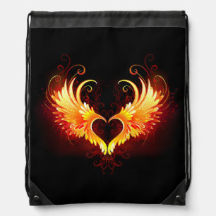 Angel Fire Heart with Wings Drawstring Bag