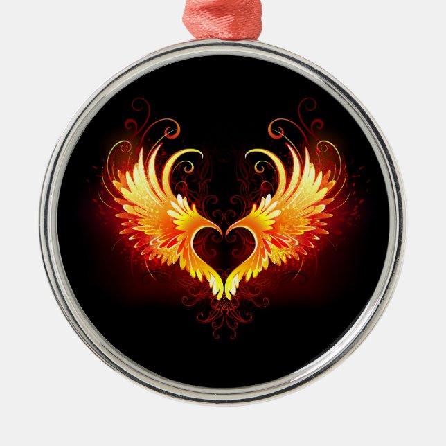 Angel Fire Heart with Wings Metal Ornament (Front)