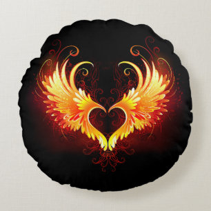 Angel Fire Heart with Wings Round Pillow