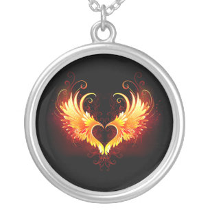 Angel Fire Heart with Wings Silver Plated Necklace