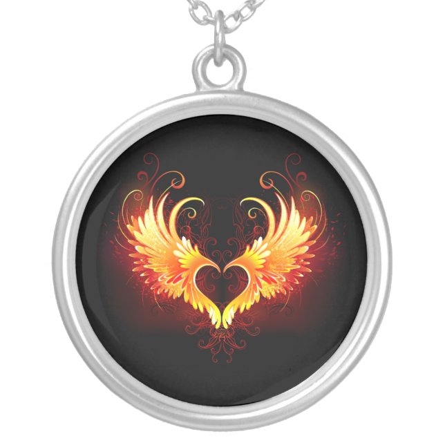 Angel Fire Heart with Wings Silver Plated Necklace (Front)