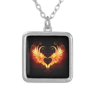 Angel Fire Heart with Wings Silver Plated Necklace