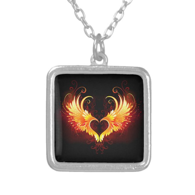 Angel Fire Heart with Wings Silver Plated Necklace (Front)