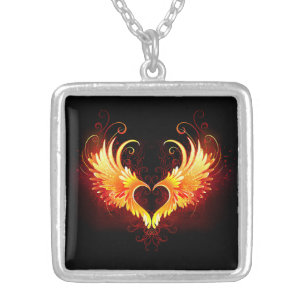 Angel Fire Heart with Wings Silver Plated Necklace