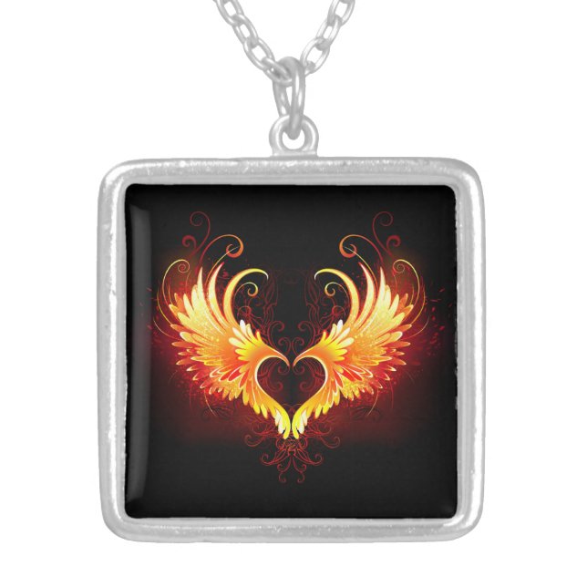 Angel Fire Heart with Wings Silver Plated Necklace (Front)
