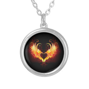 Angel Fire Heart with Wings Silver Plated Necklace