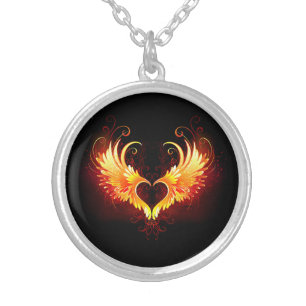Angel Fire Heart with Wings Silver Plated Necklace