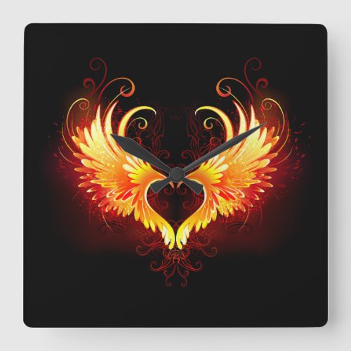 Angel Fire Heart with Wings Square Wall Clock