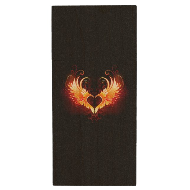 Angel Fire Heart with Wings Wood Flash Drive (Front Vertical)