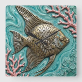 Angel Fish Marine Life Faux Metal  Square Wall Clock