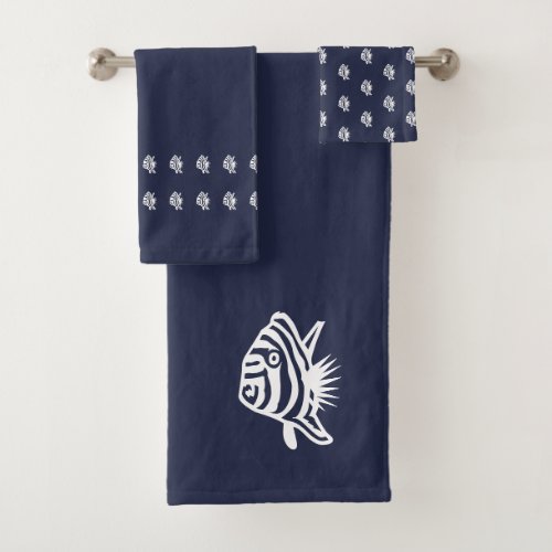Angel fish Ocean Blue and white coastal deco Bath Towel Set