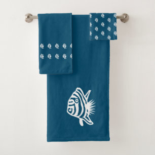 Angel fish Sea Blue & white coastal deco Bath Towel Set
