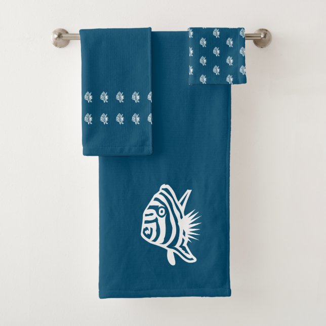 Angel fish  Sea Blue & white coastal deco Bath Towel Set (Insitu)