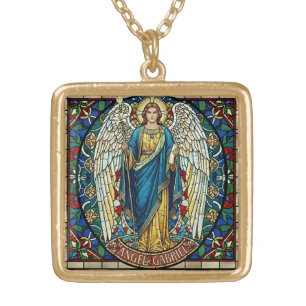 Angel Gabriel Stained Glass Style Archangel Art Gold Plated Necklace