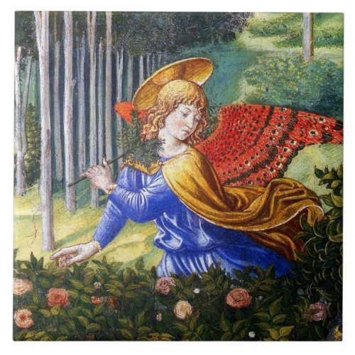 Angel Gathering Flowers in a Heavenly Landscape Ceramic Tile