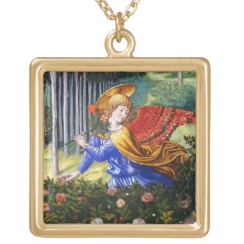 Angel Gathering Flowers In A Heavenly Landscape Gold Plated Necklace by bulgan_lumini at Zazzle