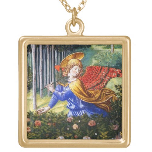 Angel Gathering Flowers in a Heavenly Landscape Gold Plated Necklace