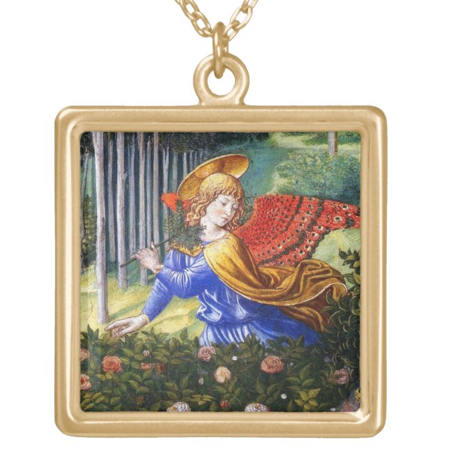 Angel Gathering Flowers in a Heavenly Landscape Gold Plated Necklace (Front)