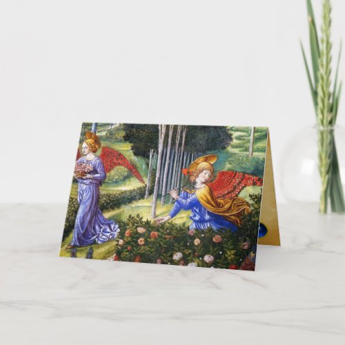 Angel Gathering Flowers in a Heavenly Landscape Holiday Card