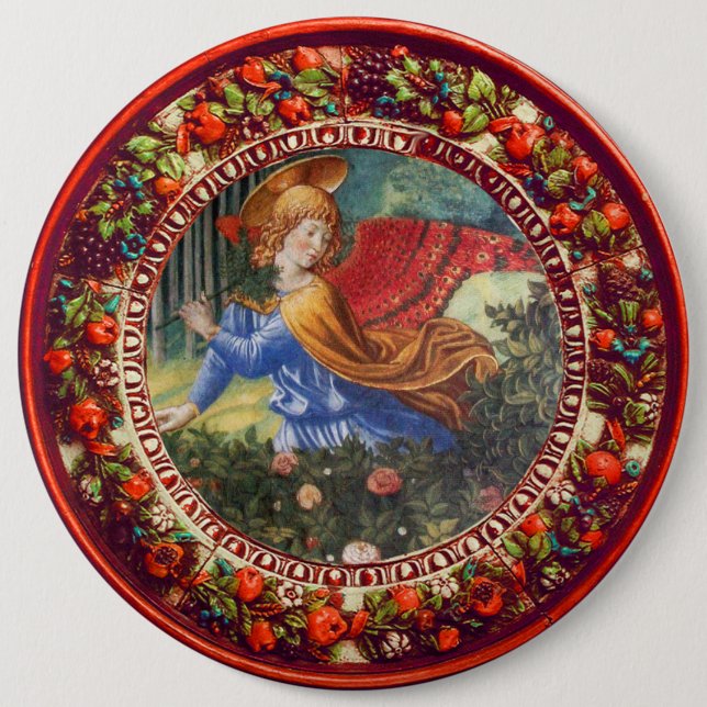 Angel Gathering Flowers Red Floral Crown Christmas Button (Front)