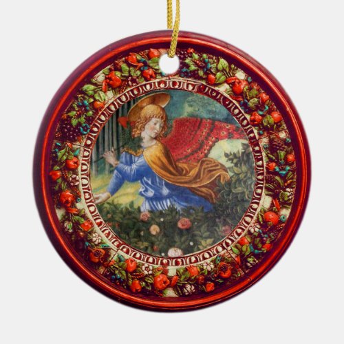 Angel Gathering Flowers Red Floral Crown Christmas Ceramic Ornament