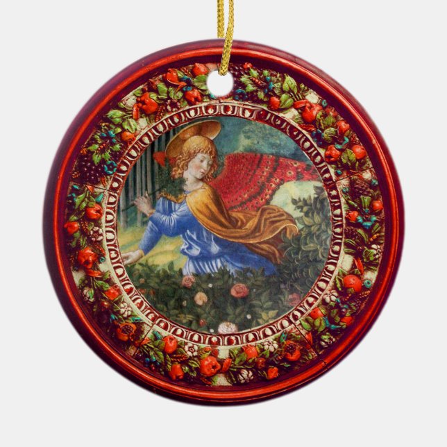 Angel Gathering Flowers Red Floral Crown Christmas Ceramic Ornament (Front)