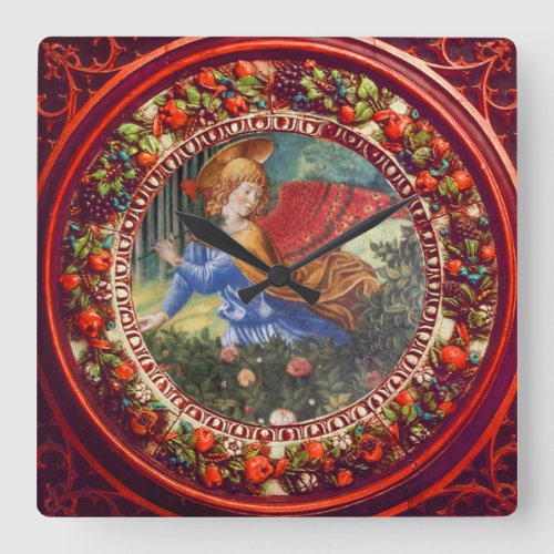 Angel Gathering Flowers Red Floral Crown Christmas Square Wall Clock