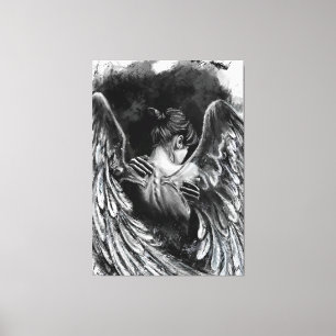 Angel Girl Canvas Print - Black and White Painting