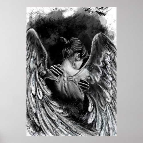 Angel Girl Poster _ Black and White Painting