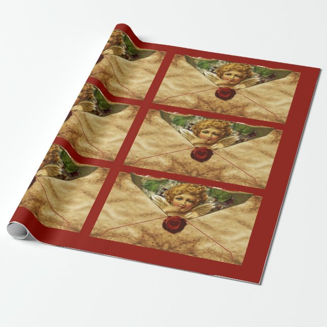 ANGEL HEART RED WAX SEAL PARCHMENT Valentines Day Wrapping Paper (Unrolled)