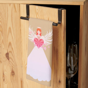 Angel Heart Stars Wings Halo Pink Beige Kitchen Towel