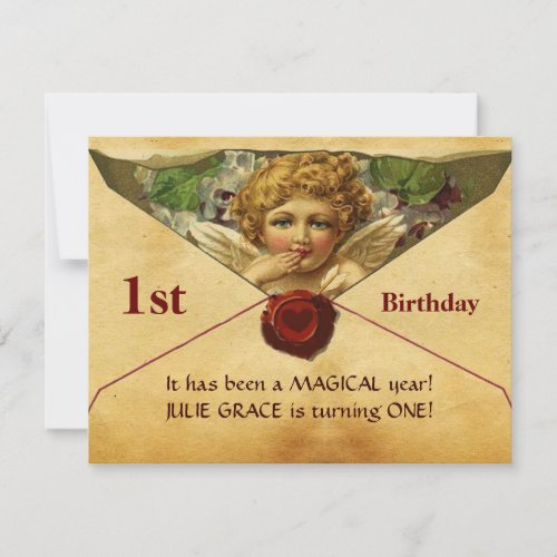 ANGEL HEART WAX SEAL PARCHMENT First Birthday Invitation