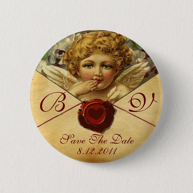 ANGEL HEART WAX SEAL PARCHMENT Save the Date Pinback Button (Front)