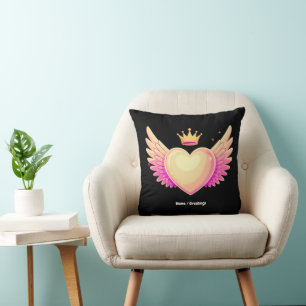 Angel Heart with Cool Pink Wings and Crown A Touch Throw Pillow