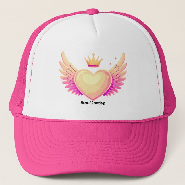 Angel Heart with Cool Pink Wings and Crown A Touch Trucker Hat (Front)