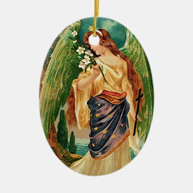 Angel holding a floral branch ceramic ornament (Front)