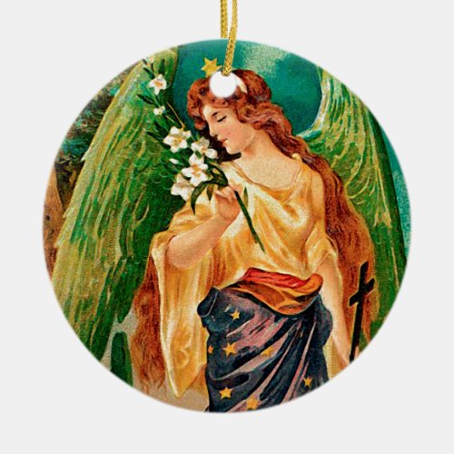 Angel holding a floral branch ceramic ornament