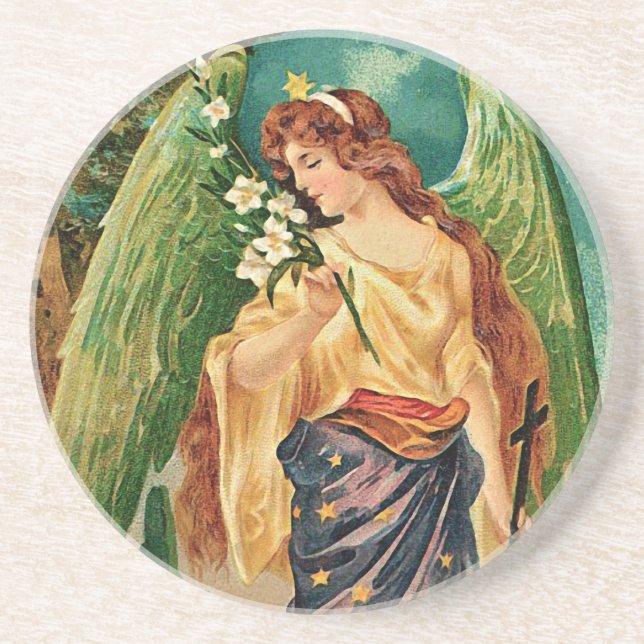 Angel holding a floral branch drink coaster (Front)