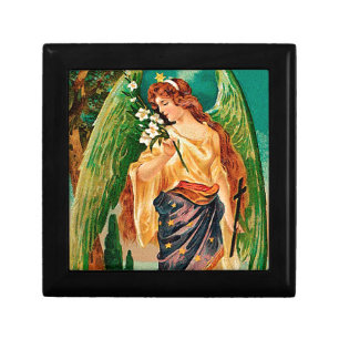 Angel holding a floral branch gift box