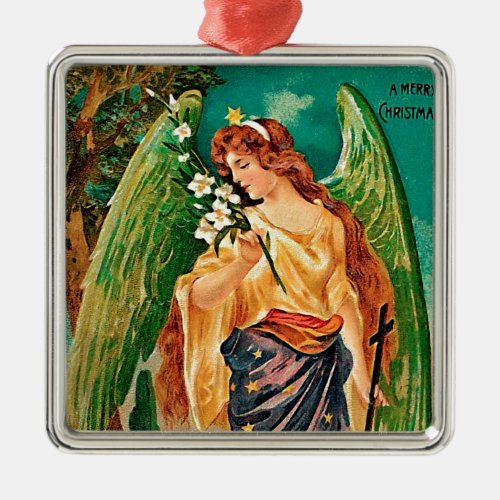 Angel holding a floral branch metal ornament