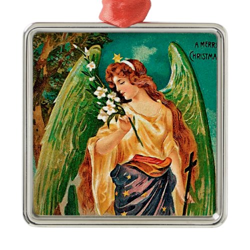 Angel holding a floral branch metal ornament