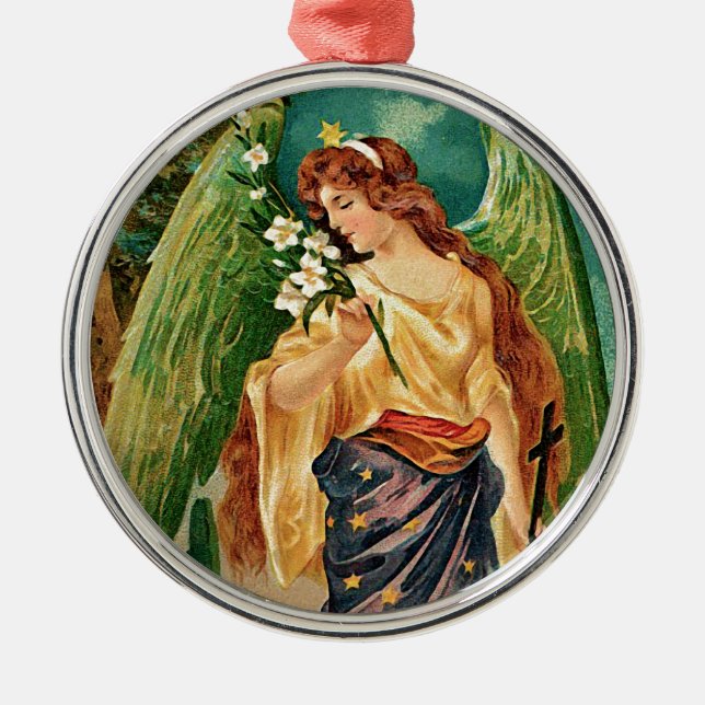 Angel holding a floral branch metal ornament (Front)