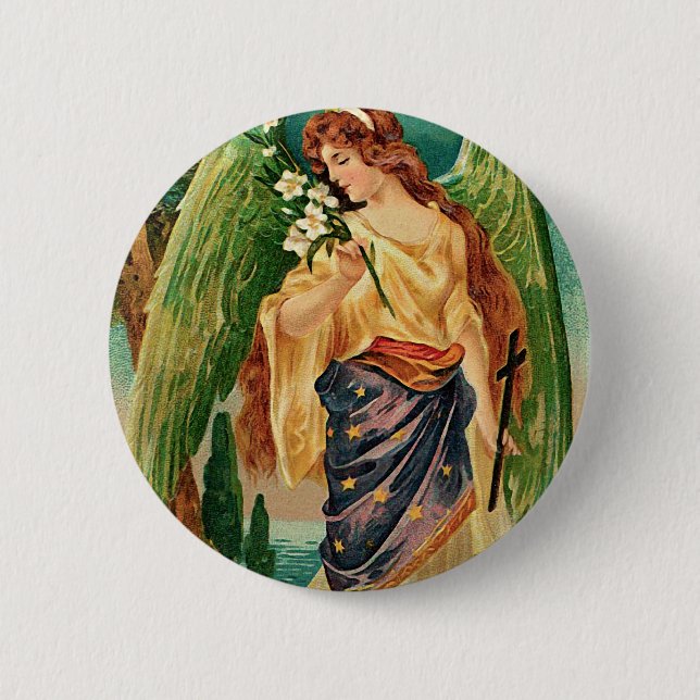 Angel holding a floral branch pinback button (Front)