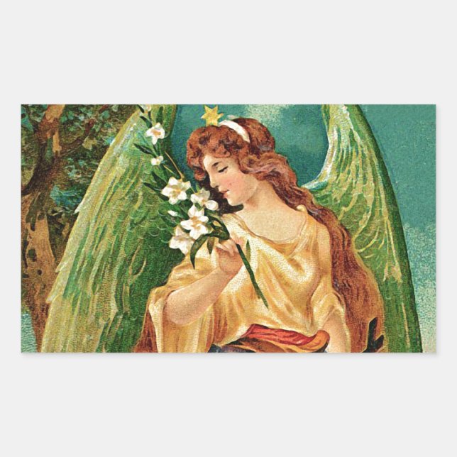 Angel holding a floral branch rectangular sticker (Front)