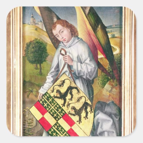 Angel holding a shield with  two leopards square sticker