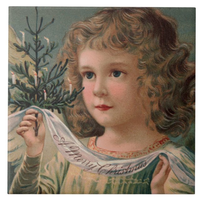 Angel Holding a Tiny Candlelit Christmas Tree Ceramic Tile (Front)