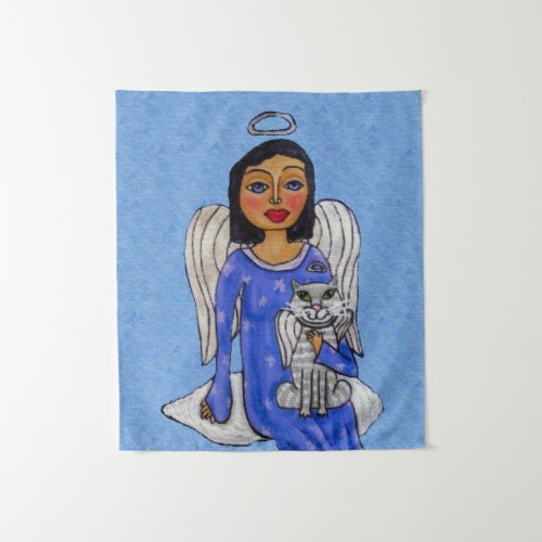 Angel Holding Cat on Cloud Silver Halos Light Blue Tapestry