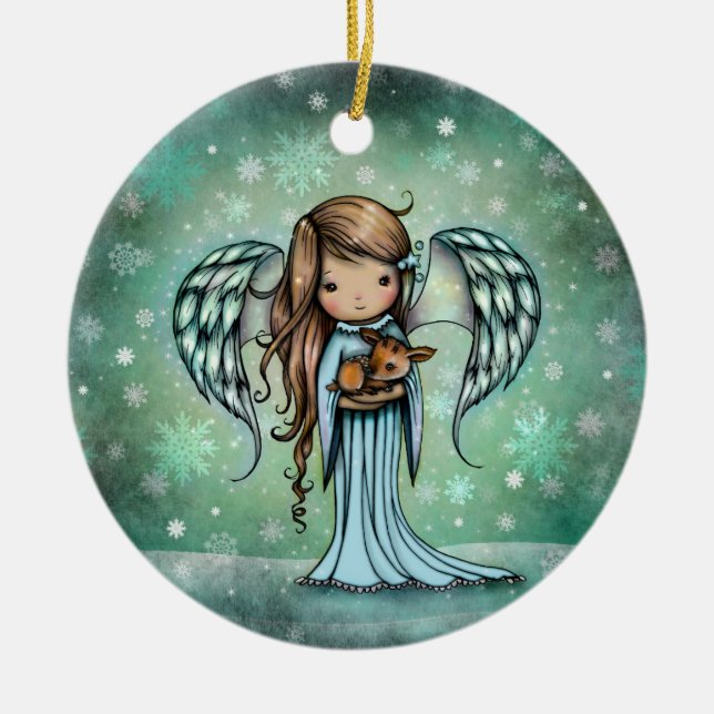 Angel holding Fawn Illustrated Art Ceramic Ornament (Front)